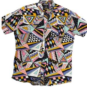 Y2K Massive Men’s Retro Skater Rave Festival Statement Short Sleeve Button Up